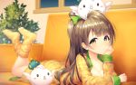  bangs bow breasts brown_hair chin_rest cleavage couch feet_up green_bow grey_hair hair_bow indoors kyouou_ena long_hair long_sleeves looking_at_viewer love_live! love_live!_school_idol_festival love_live!_school_idol_project lying minami_kotori minami_kotori_(bird) night object_on_head on_stomach one_side_up open_clothes open_shirt plaid_pajamas revision smile socks solo sparkle yellow_eyes yellow_legwear 