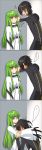  1girl 3koma ashford_academy_uniform bangs breasts brown_hair c.c. code_geass comic commentary_request couple creayus embarrassed eyebrows_visible_through_hair green_hair hand_on_another's_head head_tilt hetero highres hug lelouch_lamperouge long_hair long_sleeves looking_at_another medium_breasts open_mouth school_uniform short_hair sidelocks silent_comic standing wall_slam wide_sleeves yellow_eyes 