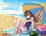  2018 ahoge arm_support armlet bangs bare_legs bare_shoulders beach blue_bow blue_sky blue_swimsuit body_writing bottle bow bow_footwear breasts brown_eyes brown_hair character_name cloud cooler cup d.va_(overwatch) dated day drink drinking drinking_glass drinking_straw english eyelashes facepaint facial_mark fingernails floating_hair food fruit full_body glint hair_between_eyes hair_ornament hairclip hand_up headphones headphones_around_neck high_heels highres holding holding_cup ice_block jewelry knees_up legs lemonade letter long_fingernails long_hair looking_at_viewer medium_breasts nail_polish ocean outdoors overwatch pink_bow pink_legwear pink_nails pink_ribbon pinky_out ribbon sand shell sitting sky solo strapless strapless_swimsuit strappy_heels swimsuit tikeworld toeless_legwear toenail_polish toenails toes water watermelon whisker_markings wind wrist_ribbon 