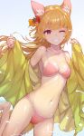  animal_ears ass_visible_through_thighs bikini blonde_hair blush breasts cleavage collarbone eyebrows_visible_through_hair feet_out_of_frame fox_ears fox_tail gakuen-chou highres izumi_(sdorica_-sunset-) long_hair looking_at_viewer medium_breasts one_eye_closed open_clothes parted_lips pink_bikini pink_lips red_eyes robe sdorica_-sunset- shiny shiny_skin simple_background skindentation smile solo swimsuit tail white_background yellow_robe 