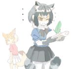  2girls animal_ear_fluff animal_ears black_hair blonde_hair bow bowtie commentary_request common_raccoon_(kemono_friends) elbow_gloves feathers fennec_(kemono_friends) flying_sweatdrops fox_ears fox_tail fur_collar gloves grey_hair hat helmet kemono_friends konabetate multicolored_hair multiple_girls pantyhose pith_helmet pleated_skirt puffy_short_sleeves puffy_sleeves raccoon_ears raccoon_tail short_hair short_sleeves skirt sweatdrop tail thighhighs 