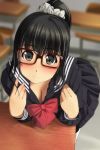  bangs black_eyes black_hair black_serafuku black_skirt blurry blurry_background blush bow bowtie breasts brown-framed_eyewear chair classroom cleavage commentary_request desk eyebrows_visible_through_hair glasses highres leaning_on_object long_sleeves looking_at_viewer matsunaga_kouyou original ponytail red_neckwear school school_chair school_desk school_uniform scrunchie serafuku skirt solo white_scrunchie 