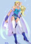 blonde_hair blue_eyes breasts cape celes_chere cleavage commentary_request final_fantasy final_fantasy_vi green_leotard highleg highleg_leotard leotard long_hair looking_at_viewer sio2_(nisankakeiso) solo strapless strapless_leotard sword weapon 