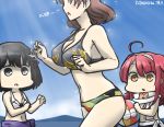  ahoge ball beachball bikini black_hair blank_eyes blue_sky blush breast_envy breasts brown_eyes brown_hair chiyoda_(kantai_collection) commentary_request dated day haguro_(kantai_collection) hair_ornament hamu_koutarou kantai_collection kawakaze_(kantai_collection) large_breasts multiple_girls red_hair sarong scarf shaded_face short_hair sky sparkle swimsuit 