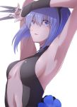  armpits arms_up bangs bare_shoulders belt black_belt black_gloves black_hairband black_leotard breasts center_opening commentary_request dagger dark_skin fate/prototype fate/prototype:_fragments_of_blue_and_silver fate_(series) fingerless_gloves gloves hairband hassan_of_serenity_(fate) highres holding holding_dagger holding_weapon leotard looking_at_viewer navel parted_lips purple_eyes purple_hair sideboob simple_background solo upper_body walkure weapon white_background 