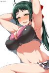  absurdres ar_(lover_boy) arms_behind_head arms_up bikini black_bikini breasts cleavage cowboy_shot green_eyes green_hair highres irako_(kantai_collection) kantai_collection large_breasts long_hair open_mouth ponytail simple_background solo swimsuit twitter_username white_background 