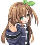  blush bow brown_hair eyebrows_visible_through_hair green_eyes hair_between_eyes hair_bow hair_ornament himajin_(starmine) if_(choujigen_game_neptune) jacket long_hair looking_at_viewer neptune_(series) simple_background smile solo waving white_background 