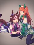  animal_ears bangs bow brown_hair commentary_request ear_covers gloves green_eyes hairband horse_ears horse_girl horse_tail long_hair multicolored_hair multiple_girls open_mouth orange_hair pantyhose peroncho purple_eyes short_hair silence_suzuka skirt smile special_week tail thighhighs two-tone_hair umamusume wristband 