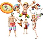  2girls 6+boys afro barefoot black_hair blonde_hair brook franky green_hair long_nose monkey_d_luffy multiple_boys multiple_girls nami_(one_piece) navel nico_robin one_piece roronoa_zoro sanji scar sideboob skeleton standing straw_hat swimsuit tagme tony_tony_chopper usopp 