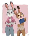  2018 anthro blue_eyes buckteeth clothed clothing deannart disney duo eyelashes female fur jeans judy_hopps lagomorph looking_at_viewer looking_back mammal open_mouth open_shirt open_smile pants purple_eyes rabbit shirt shorts simple_background smile teeth tongue trisha_(deannart) undressing zootopia 