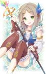  atelier_(series) atelier_firis brown_hair collarbone commentary_request firis_mistlud gloves green_eyes hair_ornament long_hair looking_at_viewer open_mouth skirt smile solo staff yonema 