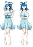  adapted_costume arm_up armpits bare_shoulders barefoot blue_dress blue_eyes blue_hair blush breasts cleavage collarbone commentary_request dakimakura detached_sleeves dress eyebrows_visible_through_hair feet full_body hair_ornament hair_rings hair_stick hand_on_own_chest hand_up highres hisin kaku_seiga large_breasts looking_at_viewer lying multiple_views off-shoulder_dress off_shoulder on_back parted_lips puffy_short_sleeves puffy_sleeves shiny shiny_skin short_hair short_sleeves smile touhou vest white_background white_vest 