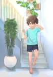  aqua_shirt barefoot brown_eyes brown_hair child feet full_body highres male_focus one_eye_closed onioni4513 original rubbing_eyes shirt shorts sleepy solo t-shirt waking_up 