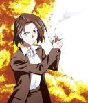  asai_(asumithi) black_skirt brown_hair business_suit collared_shirt commentary_request finger_gun formal kine-san_no_1-ri_de_cinema kine_machiko looking_at_viewer office_lady official_art pencil_skirt purple_eyes shirt short_hair skirt skirt_suit smile solo suit 