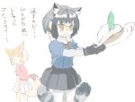  animal_ear_fluff animal_ears black_hair blonde_hair bow bowtie commentary_request common_raccoon_(kemono_friends) elbow_gloves fang feathers fennec_(kemono_friends) fox_ears fox_tail fur_collar gloves grey_hair hat helmet kemono_friends konabetate multicolored_hair multiple_girls pantyhose pith_helmet pleated_skirt puffy_short_sleeves puffy_sleeves raccoon_ears raccoon_tail short_hair short_sleeves skirt sweatdrop tail thighhighs translation_request 