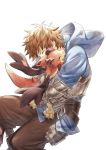  armor brown_hair brown_pants closed_eyes commentary_request dragon faulds fighter_(granblue_fantasy) gauntlets gran_(granblue_fantasy) granblue_fantasy happy hood hoodie horns hug male_focus open_mouth pants short_hair simple_background smile someta_ni vee_(granblue_fantasy) white_background 