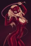  blonde_hair bodysuit breasts cat_mask cleavage_cutout closed_mouth earrings gradient gradient_background jewelry lips looking_at_viewer nail_polish persona persona_5 red_background red_bodysuit red_legwear shiny shiny_clothes solo soranamae standing stud_earrings takamaki_anne twintails whip zipper 