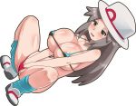  1girl awa bikini blue_(pokemon) blush breasts brown_eyes brown_hair full_body half-closed_eyes hat large_breasts micro_bikini nipple_slip pokemon pokemon_(game) pokemon_frlg simple_background solo squatting string_bikini sun_hat underboob white_background 