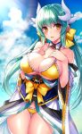  aqua_hair ass_visible_through_thighs beeyan bikini blush bow breast_suppress breasts cleavage cloud collarbone detached_collar dragon_horns fate/grand_order fate_(series) hair_bow highres horns japanese_clothes kiyohime_(fate/grand_order) kiyohime_(swimsuit_lancer)_(fate) large_breasts long_hair looking_at_viewer ocean open_mouth sky smile solo swimsuit thigh_gap yellow_bikini yellow_eyes 