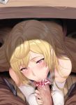 1girl :&gt;= bare_shoulders blonde_hair blush breasts bridal_gauntlets brown_eyes censored cum cum_in_mouth dress ejaeli_(granblue_fantasy) erection fellatio granblue_fantasy hair_ornament heart heart-shaped_pupils heart_censor heavy_breathing hetero hews_hack highres long_hair looking_at_viewer oral penis pov saliva stray_pubic_hair symbol-shaped_pupils under_table very_long_hair 