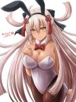  alternate_costume bare_shoulders blush bow breasts bunnysuit cleavage commentary dark_skin fate/grand_order fate_(series) fishnet_pantyhose fishnets frown hair_between_eyes hair_bow hair_ornament hand_on_own_chest haura_akitoshi large_breasts long_hair okita_souji_(alter)_(fate) okita_souji_(fate)_(all) pantyhose simple_background solo tassel very_long_hair watermark white_background white_hair wrist_cuffs yellow_eyes 