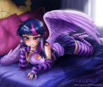  2018 animal_humanoid armwear bed bedroom blush breasts cleavage clothed clothing cute digital_media_(artwork) equine equine_humanoid eyelashes eyeshadow feathered_wings feathers female friendship_is_magic hair horn humanoid inside legwear lying makeup mammal multicolored_hair my_little_pony on_bed on_front purple_eyes purple_feathers racoon-kun smile solo striped_legwear stripes twilight_sparkle_(mlp) url winged_humanoid wings 
