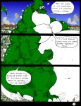  2004 anthro blue_eyes building claws comic dnapalmhead dragon english_text green_scales growth macro male muscular obese overweight redsaber scales scalie smile solo speech_bubble text traditional_media_(artwork) 