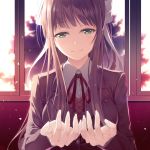  brown_hair commentary_request cupping_hands doki_doki_literature_club eyebrows_visible_through_hair green_eyes hair_ribbon indoors long_hair looking_at_viewer mac-kine monika_(doki_doki_literature_club) ribbon school_uniform smile solo upper_body white_ribbon window 