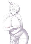  1girl areolae breasts covering_nipples curvy erect_nipples fuuro_(pokemon) greyscale groin gym_leader hair_bun hakai_shin half-closed_eyes large_breasts monochrome naked_towel nipple_slip nipples nude pokemon pokemon_(game) pokemon_bw seductive_smile simple_background smile solo towel white_background 