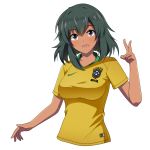  2018_fifa_world_cup absurdres alternate_costume artist_request black_hair brazil brazilian breasts clothes_writing dark_skin eyebrows_visible_through_hair highres idolmaster idolmaster_cinderella_girls looking_at_viewer medium_breasts natalia_(idolmaster) nike purple_eyes soccer soccer_uniform solo source_request sportswear tan transparent_background uniform v world_cup 