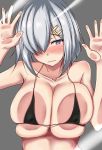  against_glass blush breast_press breasts breasts_on_glass eyebrows_visible_through_hair glass grey_background hair_ornament hair_over_one_eye hairclip hamakaze_(kantai_collection) heart heart-shaped_pupils kantai_collection large_breasts looking_at_viewer purple_eyes silver_hair simple_background skindentation string_bikini symbol-shaped_pupils symbol_in_eye terakoya wavy_mouth 