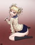  absurdres arched_back arm_support ass bangs black_legwear blonde_hair blood blue_sailor_collar blunt_bangs blush boku_no_hero_academia cardigan double_bun dungbae eyebrows_visible_through_hair fang full_body half-closed_eyes highres holding holding_knife kneehighs knife long_sleeves looking_at_viewer looking_back messy_hair open_mouth panties sailor_collar school_uniform serafuku short_hair sitting skirt smile solo sweater toga_himiko tongue tongue_out underwear wariza yellow_eyes yellow_sweater 