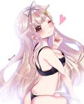  ass black_bra black_nails black_panties black_ribbon blonde_hair blush bra breasts closed_mouth commentary_request dimples_of_venus eyebrows_visible_through_hair hair_flaps hair_ornament hair_ribbon hairclip heart heart-shaped_pupils kantai_collection large_breasts long_hair nail_polish one_eye_closed panties red_eyes remodel_(kantai_collection) ribbon simple_background smile solo sparkle striped symbol-shaped_pupils thighhighs twitter_username underwear underwear_only viwop white_background white_legwear yuudachi_(kantai_collection) 