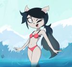  2018 5_fingers absurd_res alternate_hairstyle anthro bikini biped black_hair blue_hair breasts cartoon_hangover cat claire_(the_summoning) clothed clothing cute dark_hair detailed_background devil_horns digital_media_(artwork) eyebrows eyelashes eyeshadow fangs feline female fur hair hi_res long_hair looking_at_viewer makeup mammal mascara midriff mountain multicolored_hair navel notched_ear one_eye_closed open_mouth outside pentagram pink_bikini pink_bottomwear pink_topwear ponytail pose postblue98 signature skimpy small_breasts smile solo standing swimsuit the_summoning tongue tree water wet white_fur wink 