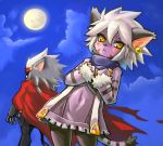  1girl animal_ears bangs beluga_damiens black_legwear cape cat_ears cat_girl cat_nose cat_tail closed_mouth cloud commentary dakusuta earrings elh_melizee facial_mark full_moon fur_trim furry grey_hair hair_between_eyes hands_on_own_chest jewelry looking_at_viewer moon pantyhose red_cape short_hair sky solatorobo spiked_hair striped tail white_hair yellow_eyes 