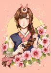  artist_name braid brown_eyes brown_hair clivenzu d.va_(overwatch) eyebrows_visible_through_hair facial_mark flower hair_over_shoulder hanbok korean_clothes long_hair overwatch palanquin_d.va pink_background single_braid solo 