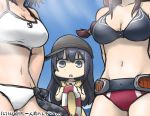  akatsuki_(kantai_collection) anchor_symbol bikini black_hair blue_sky braid breast_envy breasts brown_hair checkered checkered_neckwear collarbone commentary_request dated day flat_cap hair_between_eyes hamu_koutarou hat head_out_of_frame ichininmae_no_lady kantai_collection large_breasts lifebuoy long_hair multiple_girls navel necktie noshiro_(kantai_collection) one-piece_swimsuit out_of_frame sky swimsuit tenryuu_(kantai_collection) white_bikini 