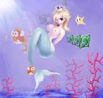  breasts cheep_cheep chiko_(mario) crown hair_over_one_eye lens_flare lowres luma mario_(series) mermaid monster_girl nintendo princess_rosalina rosalina_(mario) rosetta_(mario) super_mario super_mario_bros. super_mario_galaxy underwater 