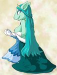  blue_eyes blue_hair breasts female hair kneeling kyrii looking_at_viewer looking_back neopets nipples royal smile solo 