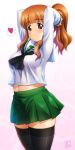  adjusting_hair alternate_hairstyle arms_up bangs belly_peek black_legwear blouse blunt_bangs blush bra breasts brown_eyes cowboy_shot cross dated eyebrows_visible_through_hair girls_und_panzer gradient gradient_background green_skirt heart kamogawa_tanuki long_hair long_sleeves looking_at_viewer medium_breasts midriff navel neckerchief ooarai_school_uniform orange_hair pink_background pleated_skirt ponytail school_uniform see-through see-through_silhouette serafuku shiny shiny_clothes shiny_hair sidelocks signature skindentation skirt smile solo speech_bubble spoken_heart takebe_saori thighhighs thighs tying_hair underwear white_background white_blouse zettai_ryouiki 