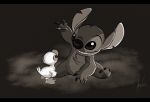  2017 4_fingers 4_toes alantka alien avian bird black_bars chest_tuft disney duck duckling duo experiment_(species) feathers feral fur greyscale grin head_tuft lilo_and_stitch monochrome notched_ear signature sitting size_difference smile stitch toes tuft watermark waving webbed_feet white_feathers 