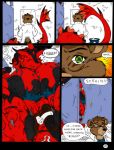  2005 anthro bear breasts building claws comic dnapalmhead dragon duo english_text female gills green_eyes growth macro mammal muscular onomatopoeia red_scales redsaber scales scalie size_difference sound_effects speech_bubble text traditional_media_(artwork) 
