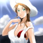  ahoge breasts brown_hair cleavage cloud collarbone day green_eyes hat highres kakkii large_breasts long_hair mouth_hold off_shoulder original outdoors red_bikini_top shirt sideboob sleeveless sleeveless_shirt solo sun_hat underboob upper_body white_hat white_shirt 