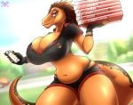  2018 anthro big_breasts breasts cellphone cleavage clothed clothing cute delivery_girl dinosaur feathers female food gloves looking_at_viewer metalfoxxx phone pizza pot_belly purple_eyes raptor slightly_chubby solo theropod thick_thighs watch 