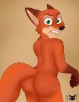  anthro blush butt canine disney fox fur green_eyes kat_(artist) looking_at_viewer male mammal nick_wilde nude orange_fur rear_view simple_background solo tan_background zootopia 