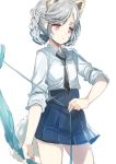  animal_ears blue_skirt bow_(weapon) braid commentary dog_ears dog_tail elin_(tera) emily_(pure_dream) grey_hair highres long_hair necktie red_eyes school_uniform shirt sketch skirt solo tail tera_online twin_braids twintails weapon white_shirt 