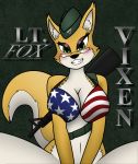  2018 anthro bikini black_nose breasts canine clothing eyelashes eyewear female fox fur glasses gun hat looking_at_viewer lt._fox_vixen mammal multicolored_fur ranged_weapon squirrel_and_hedgehog swimsuit united_states_of_america weapon white_fur xxfoxyxx yellow_fur 