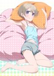  bangs barefoot blue_shirt brown_hair collarbone eyebrows_visible_through_hair flat_chest frilled_shorts frills from_above grey_shorts hair_between_eyes hoshikawa_hotaru looking_at_viewer lying navel new_game! on_back pink_x polka_dot_pillow purple_eyes shiny shiny_skin shirt short_hair short_shorts shorts sleeveless sleeveless_shirt smile solo stomach striped striped_shorts 