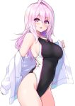  :d bangs bare_shoulders blush breasts competition_swimsuit cu-no eyebrows_visible_through_hair hair_between_eyes highleg highleg_swimsuit hisenkaede jacket large_breasts long_hair long_sleeves looking_at_viewer off_shoulder one-piece_swimsuit open_clothes open_jacket open_mouth original pink_hair purple_eyes sideboob simple_background smile solo swimsuit white_background yayoi_sakura 