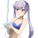  bangs blue_bikini_top breasts cleavage collarbone eyebrows_visible_through_hair hair_between_eyes hair_ornament highres kakkii long_hair navel new_game! purple_eyes purple_hair shiny shiny_clothes shiny_hair shiny_skin simple_background small_breasts solo standing suzukaze_aoba twintails upper_body very_long_hair water white_background 
